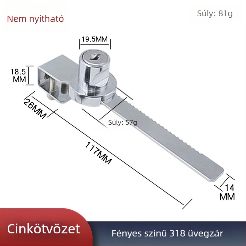 Lyukasztás nélküli üvegszekrény-zár 328/318, zár üveg vitrineszárhoz, fogazott zár üvegajtókhoz
