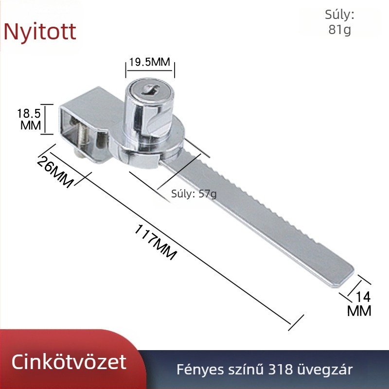 Lyukasztás nélküli üvegszekrény-zár 328/318, zár üveg vitrineszárhoz, fogazott zár üvegajtókhoz