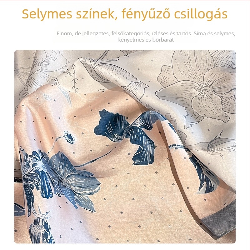 Könnyű selyemhatású imitációs sál pasztorális virágmintával, négyzet alakú 70×70 cm, nőknek és férfiaknak, modern és sokoldalú