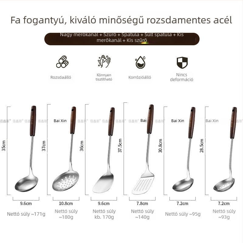 304 rozsdamentes acél konyhai eszközök készlet fa fogantyúval – leveskanál, szűrőkanál, sütőkanál, főzőkanál