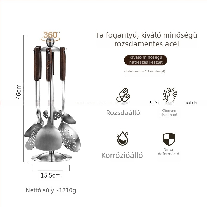 304 rozsdamentes acél konyhai eszközök készlet fa fogantyúval – leveskanál, szűrőkanál, sütőkanál, főzőkanál