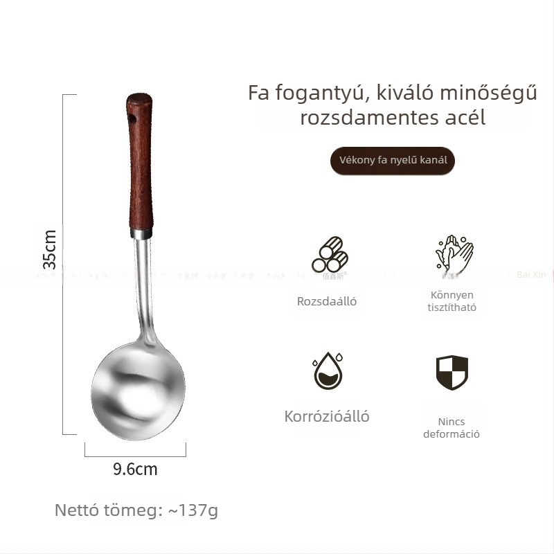 304 rozsdamentes acél konyhai eszközök készlet fa fogantyúval – leveskanál, szűrőkanál, sütőkanál, főzőkanál