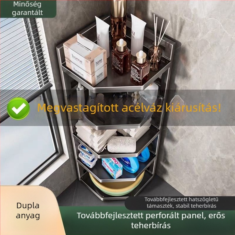 Padlón álló fürdőszoba- és konyha tároló, több polcos sarok-triánguláris rendező, mozgatható