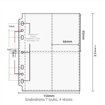 A5 kártyaalbum hat lyukkal, 67 lyukú kompakt kártyalapokkal, 3 hüvelykes négy- és kétnyeles rács, átlátszó kétoldalas oldalsó elválasztók