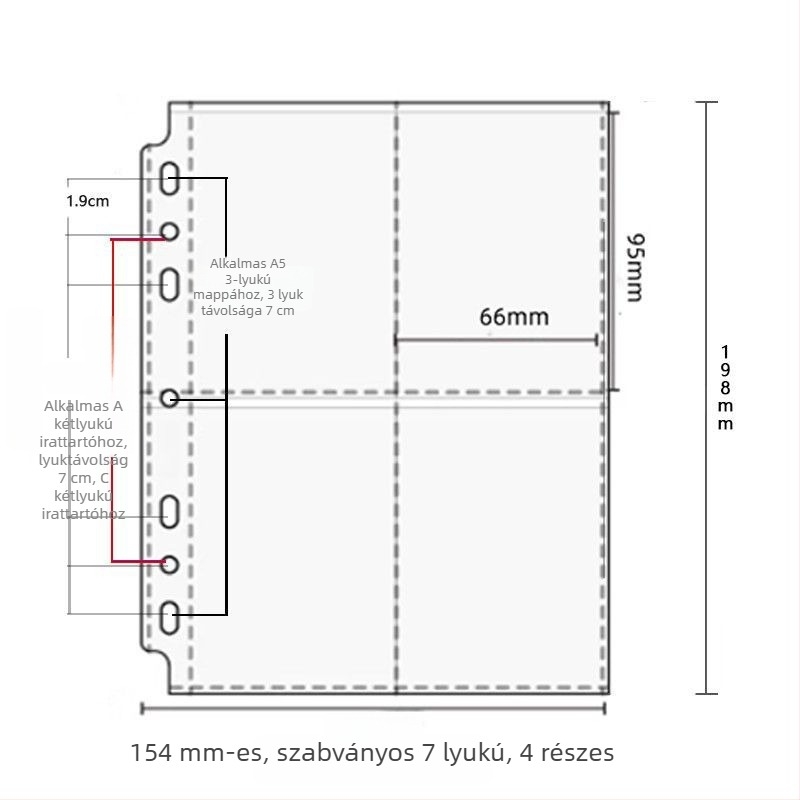 A5 kártyaalbum hat lyukkal, 67 lyukú kompakt kártyalapokkal, 3 hüvelykes négy- és kétnyeles rács, átlátszó kétoldalas oldalsó elválasztók