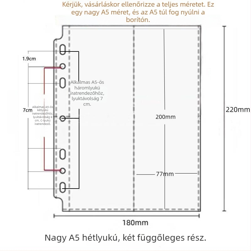 A5 kártyaalbum hat lyukkal, 67 lyukú kompakt kártyalapokkal, 3 hüvelykes négy- és kétnyeles rács, átlátszó kétoldalas oldalsó elválasztók