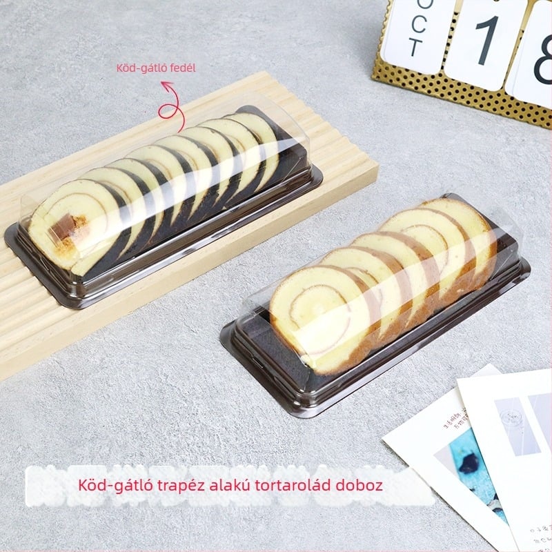 Trapéz alakú tortatekercs csomagoló doboz hosszú svájci tekercsekhez, tigris mintás tekercsek, sushi tekercsek, szeletelt változat, átlátszó műanyag cukrászati csomagoló doboz