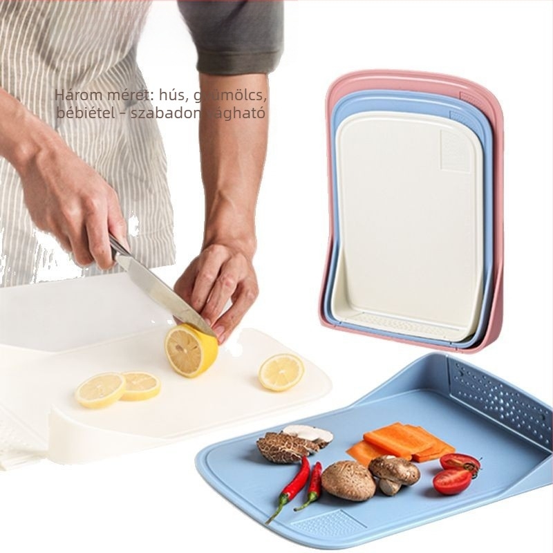 Négy az egyben vágódeszka zöldségekhez és gyümölcsökhöz, drenázs, antibakteriális, penészmentes, összecsukható