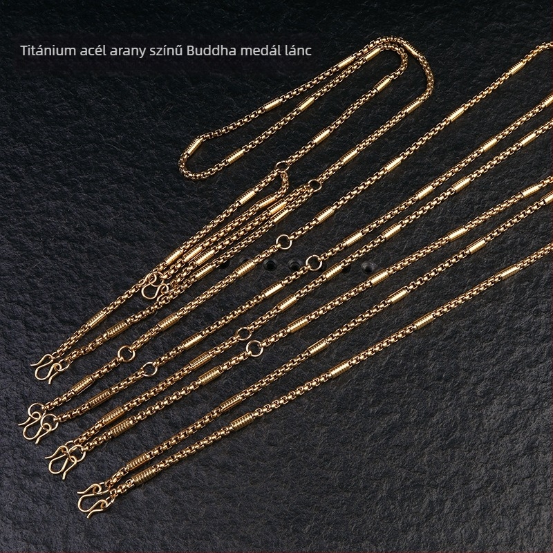 Thaiföldi Buddha amulett nyaklánc aranyozott titánacél lánccal, korrózióálló rozsdamentes acél, színálló, 4 mm vastagságú, férfi dizájn több medállal
