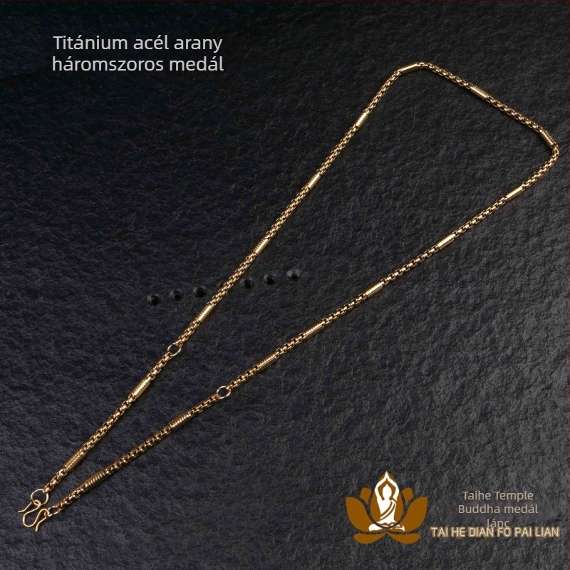 Thaiföldi Buddha amulett nyaklánc aranyozott titánacél lánccal, korrózióálló rozsdamentes acél, színálló, 4 mm vastagságú, férfi dizájn több medállal