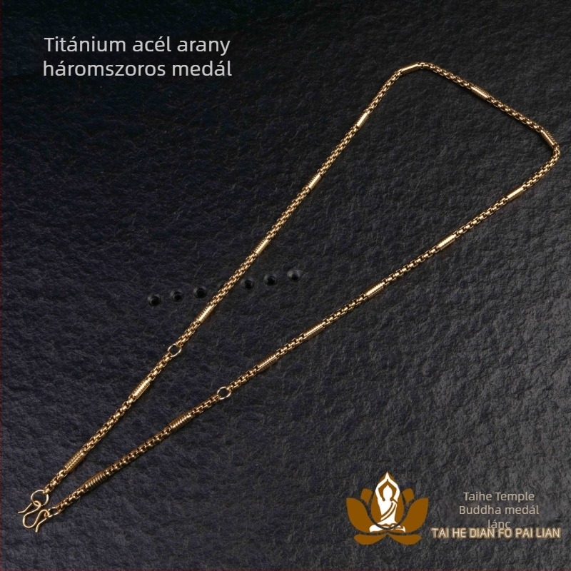 Thaiföldi Buddha amulett nyaklánc aranyozott titánacél lánccal, korrózióálló rozsdamentes acél, színálló, 4 mm vastagságú, férfi dizájn több medállal