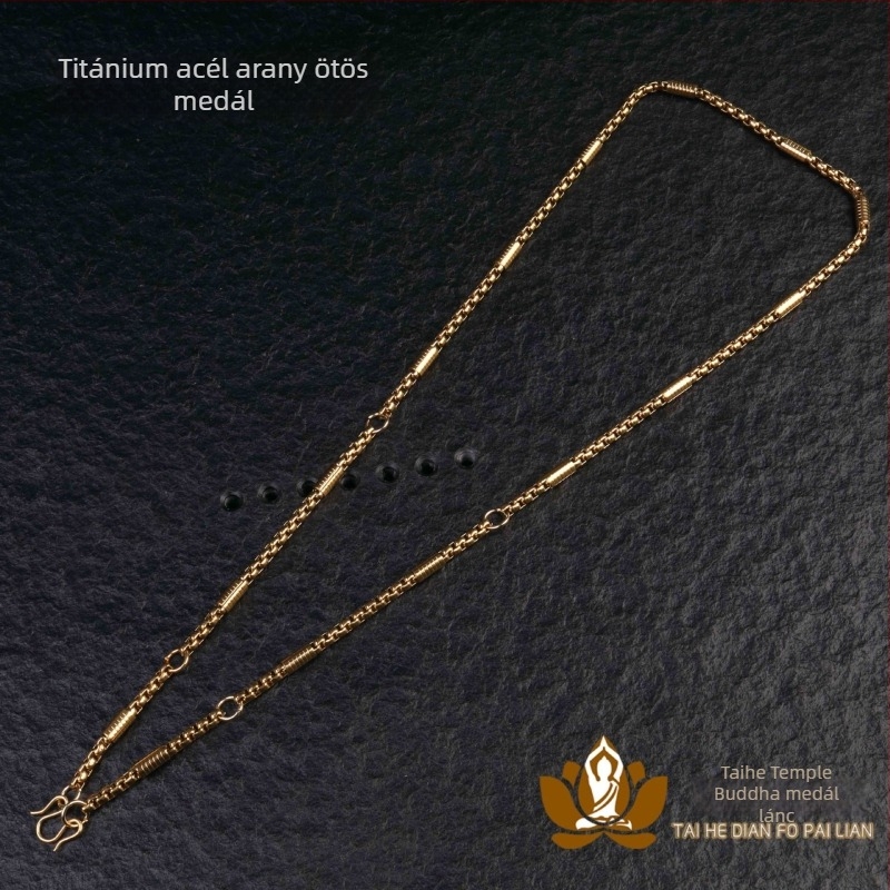 Thaiföldi Buddha amulett nyaklánc aranyozott titánacél lánccal, korrózióálló rozsdamentes acél, színálló, 4 mm vastagságú, férfi dizájn több medállal