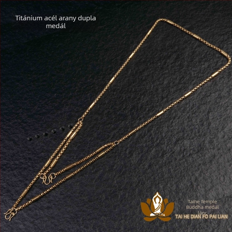 Thaiföldi Buddha amulett nyaklánc aranyozott titánacél lánccal, korrózióálló rozsdamentes acél, színálló, 4 mm vastagságú, férfi dizájn több medállal