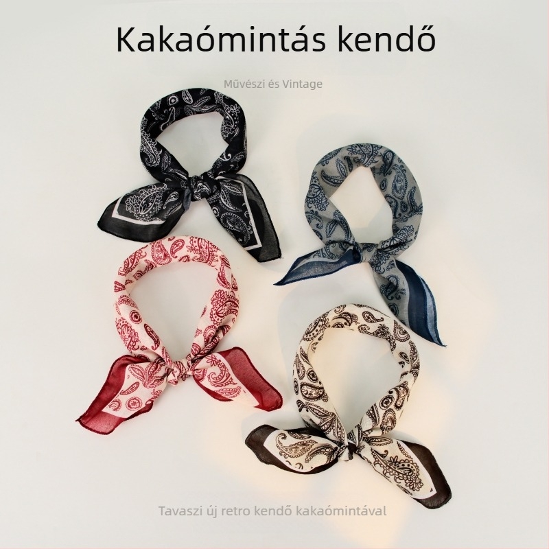 Kis négyzet alakú sál pamut-len textúrával, francia retro paisley mintával, fejkendő, napsütés elleni védelem kerékpározáshoz, arcmaszk, dekoratív kiegészítő a csuklóra és a nyakra