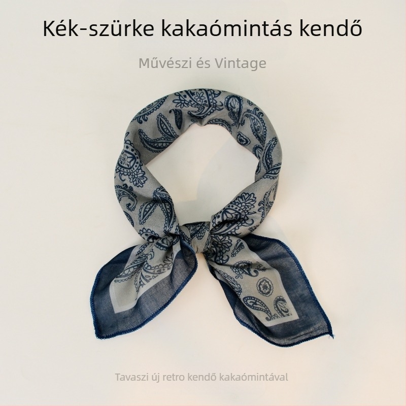 Kis négyzet alakú sál pamut-len textúrával, francia retro paisley mintával, fejkendő, napsütés elleni védelem kerékpározáshoz, arcmaszk, dekoratív kiegészítő a csuklóra és a nyakra
