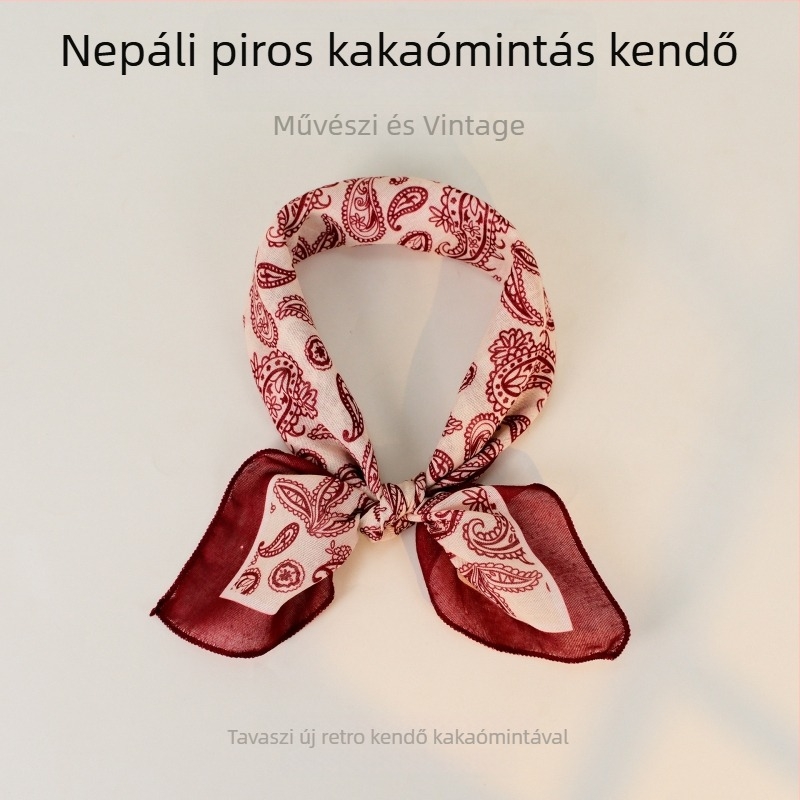 Kis négyzet alakú sál pamut-len textúrával, francia retro paisley mintával, fejkendő, napsütés elleni védelem kerékpározáshoz, arcmaszk, dekoratív kiegészítő a csuklóra és a nyakra
