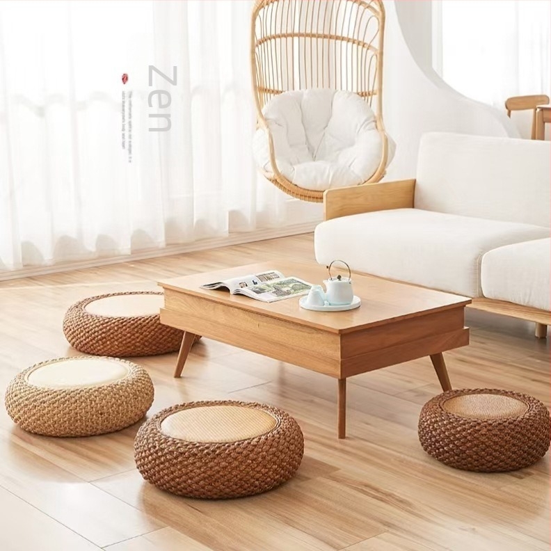 Rattan szövésű futon párna tatami-stílusú nappaliba, meditációs matrac és teaházhoz illő ablakos sarok