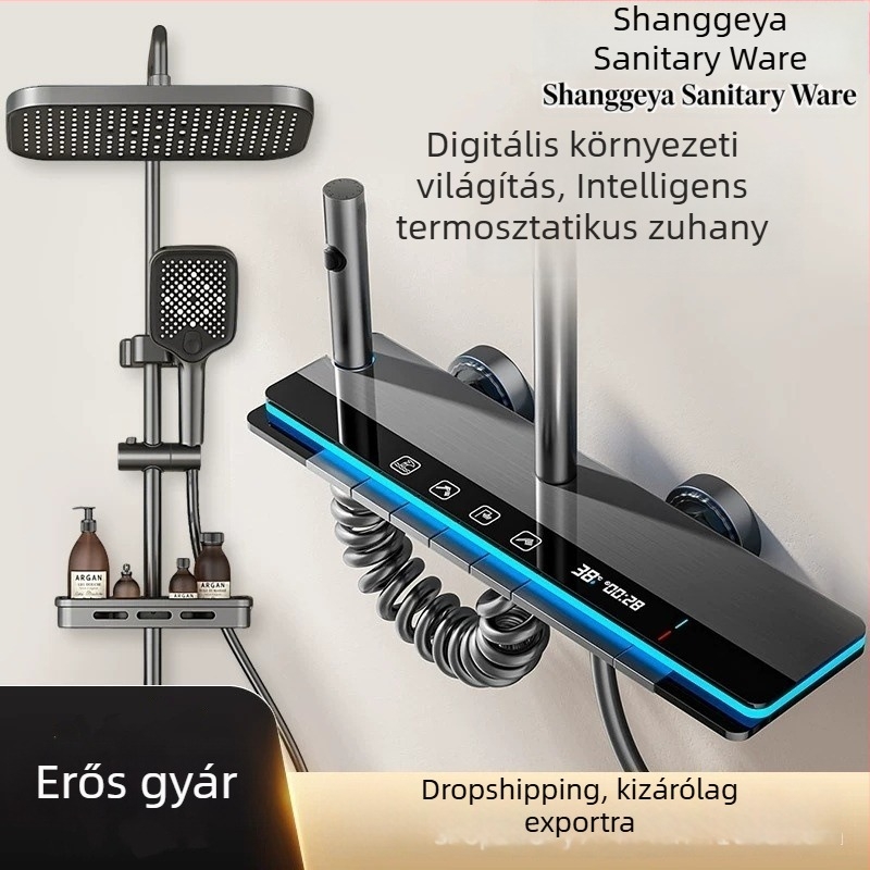Digitális kijelzős zuhanykészlet meleg/hideg vízzel, rézbevonattal, falra szerelhető, négyszögletes esőzuhanyfej, nyomásfokozó