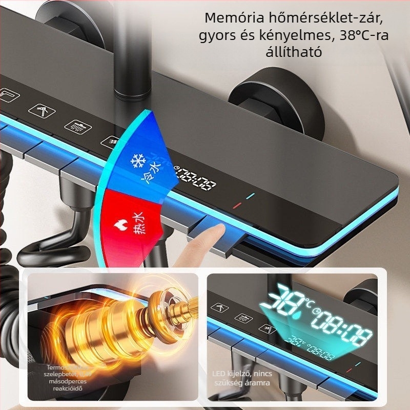 Digitális kijelzős zuhanykészlet meleg/hideg vízzel, rézbevonattal, falra szerelhető, négyszögletes esőzuhanyfej, nyomásfokozó
