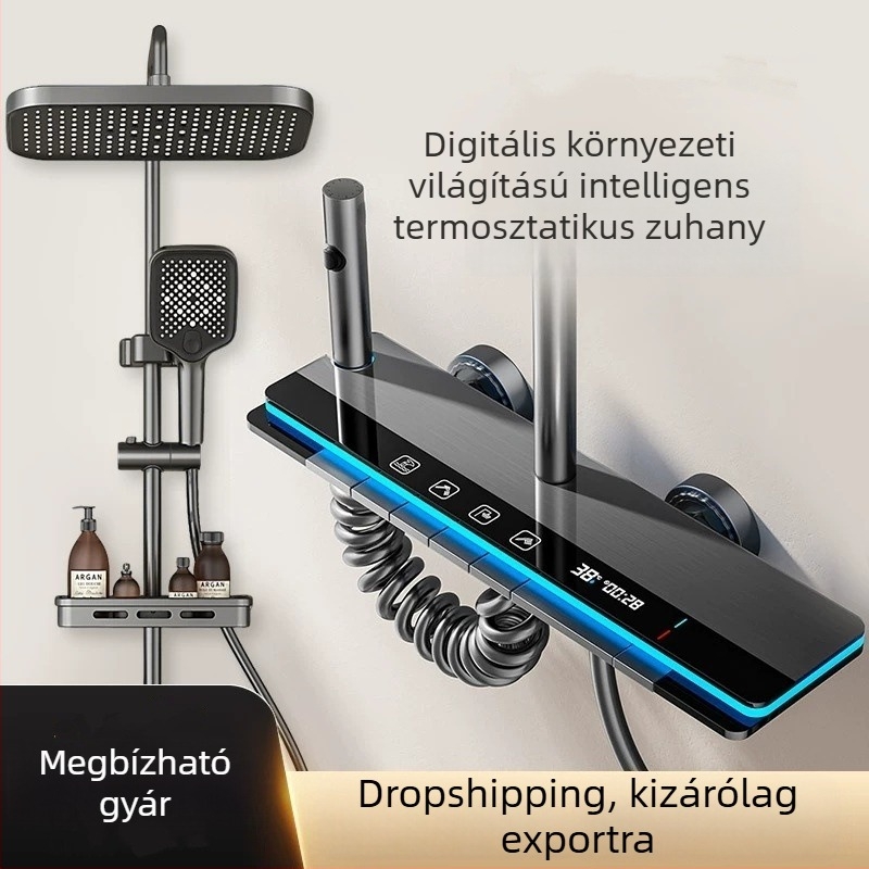 Digitális kijelzős zuhanykészlet meleg/hideg vízzel, rézbevonattal, falra szerelhető, négyszögletes esőzuhanyfej, nyomásfokozó