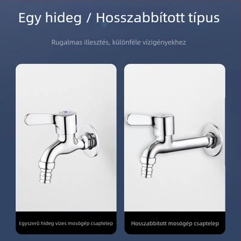 Fali mosógép csap, hosszított, vastag rozsdamentes acélból, gyorsnyitású, egy bemenet és két kimenet