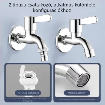 Fali mosógép csap, hosszított, vastag rozsdamentes acélból, gyorsnyitású, egy bemenet és két kimenet