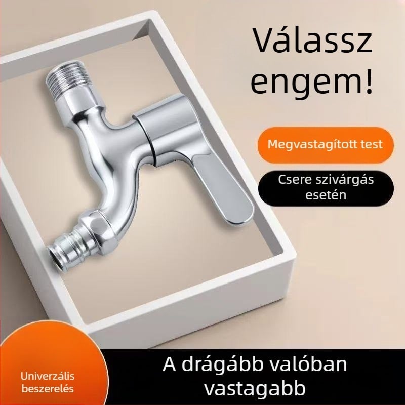 Fali mosógép csap, hosszított, vastag rozsdamentes acélból, gyorsnyitású, egy bemenet és két kimenet