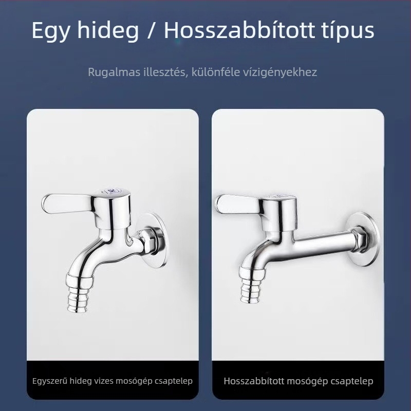 Fali mosógép csap, hosszított, vastag rozsdamentes acélból, gyorsnyitású, egy bemenet és két kimenet