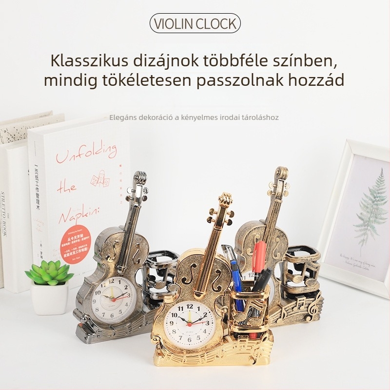 Gitár alakú ébresztőóra tolltartóval – kreatív asztali dekor