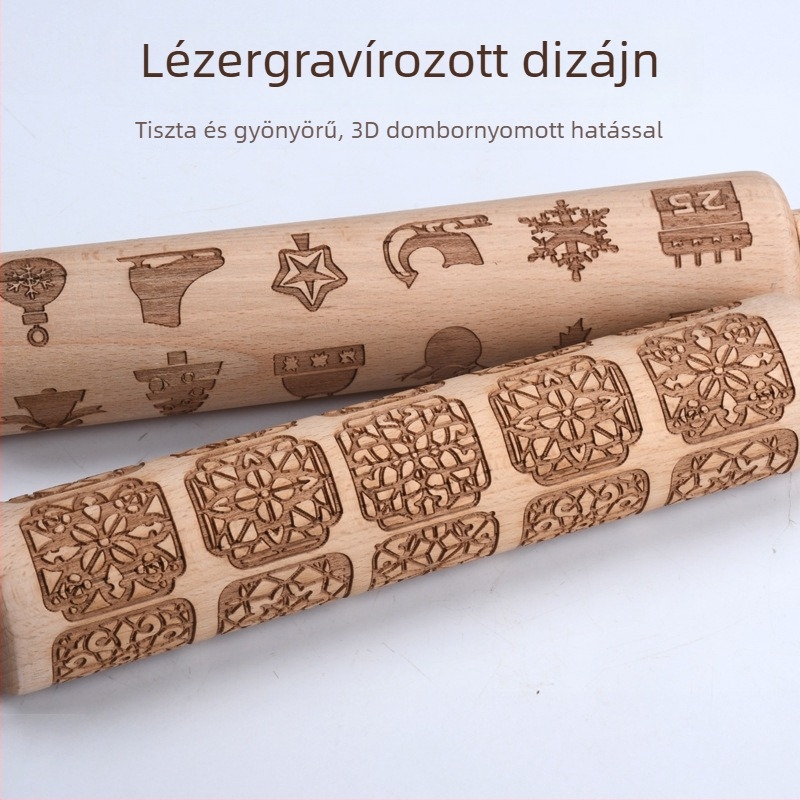 Bükkfából készült nyújtófa lézergravírozással és domborított sütiformával