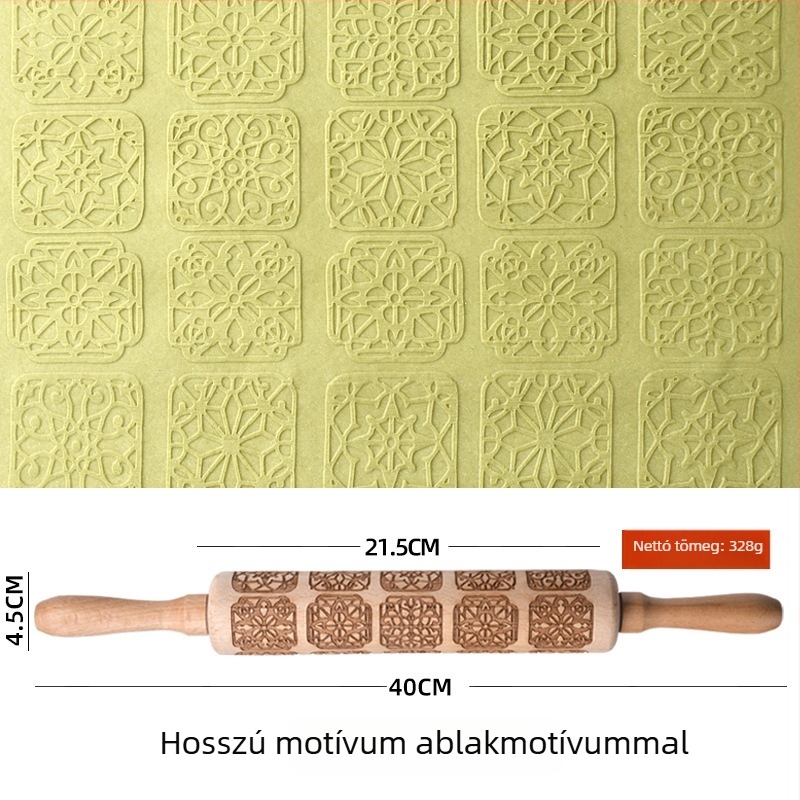 Bükkfából készült nyújtófa lézergravírozással és domborított sütiformával