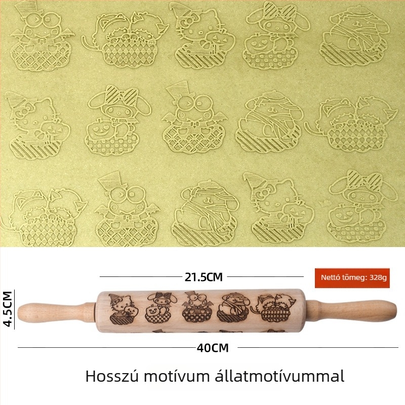 Bükkfából készült nyújtófa lézergravírozással és domborított sütiformával