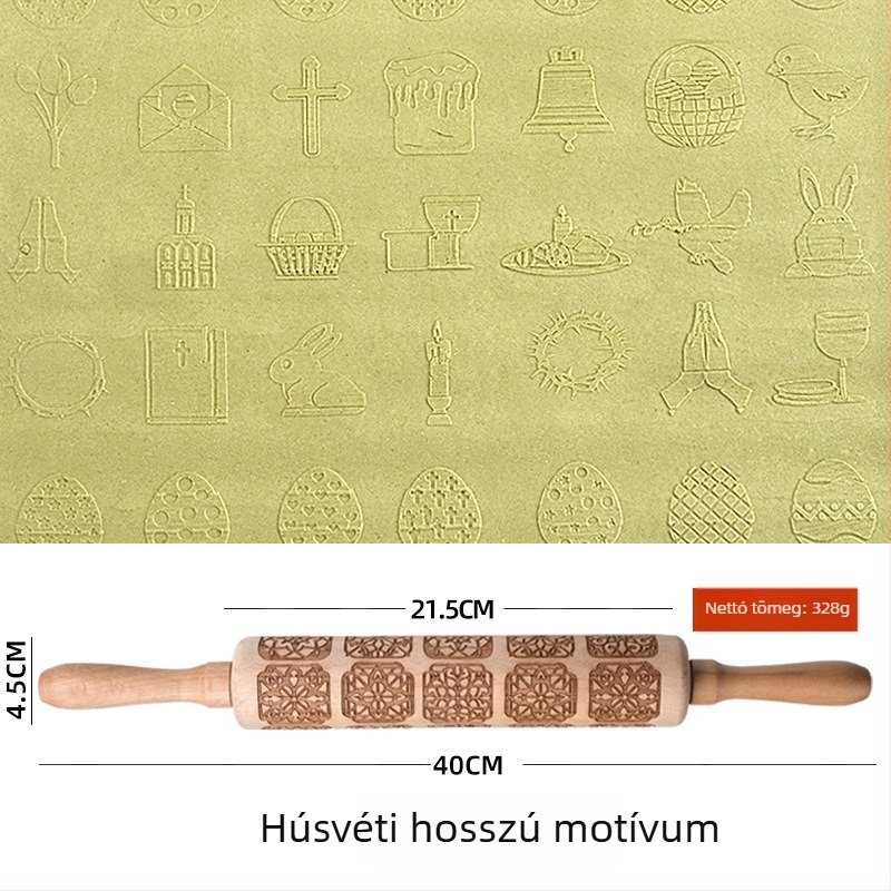 Bükkfából készült nyújtófa lézergravírozással és domborított sütiformával