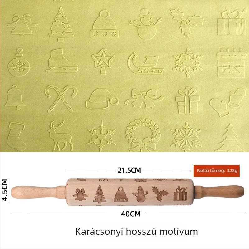 Bükkfából készült nyújtófa lézergravírozással és domborított sütiformával