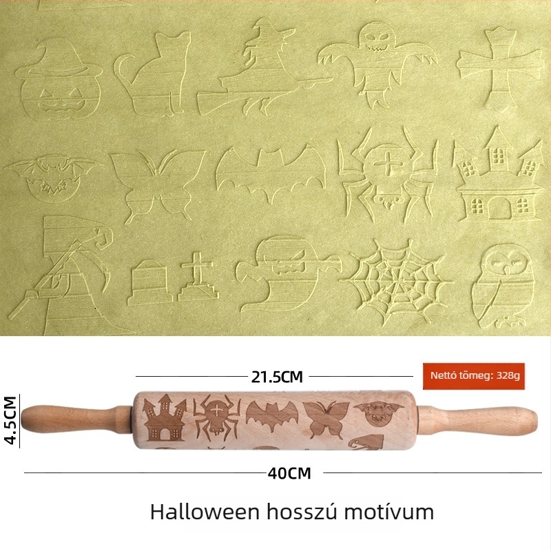 Bükkfából készült nyújtófa lézergravírozással és domborított sütiformával
