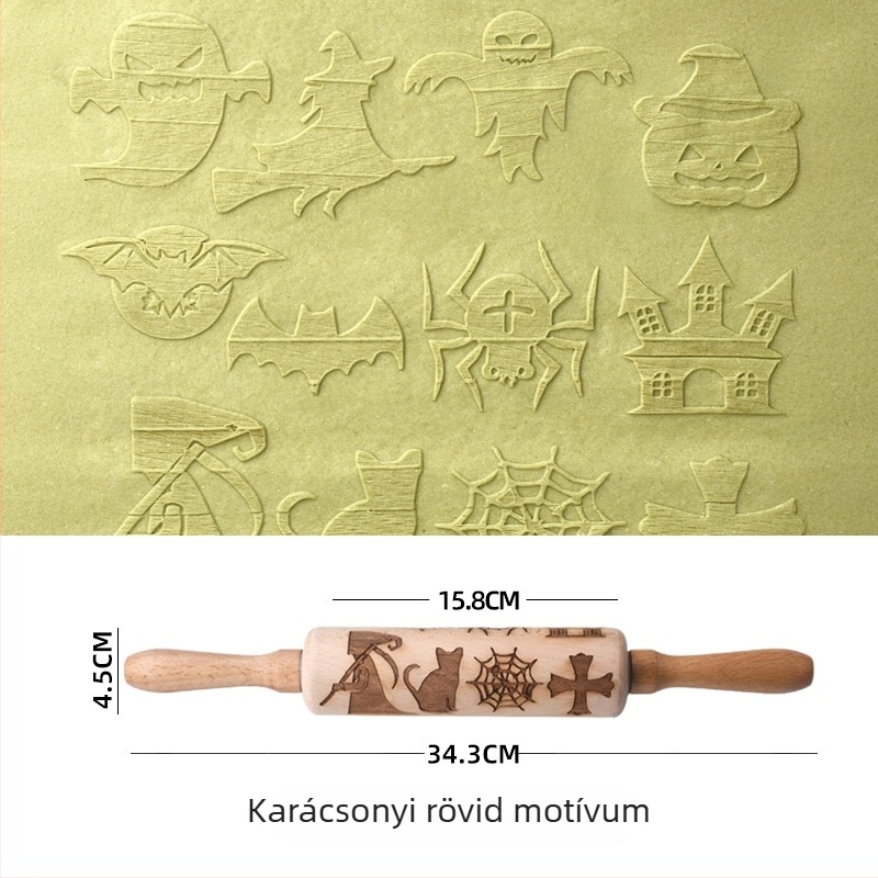 Bükkfából készült nyújtófa lézergravírozással és domborított sütiformával