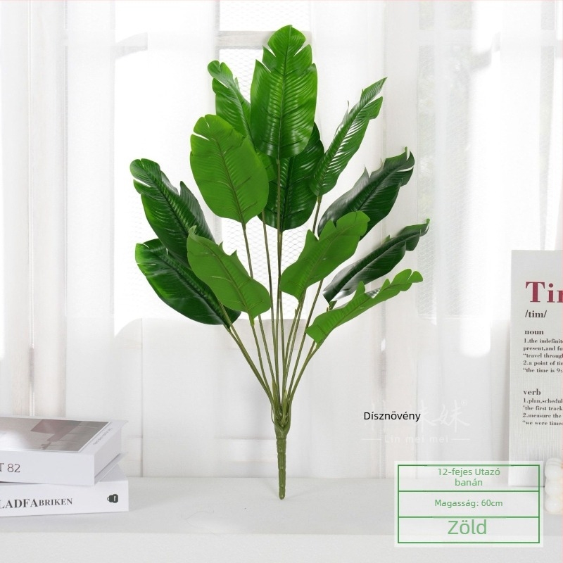 Mesterséges zöld növény egyetlen szárú — Traveller’s Palm, dekoratív falidísz levélkompozícióval