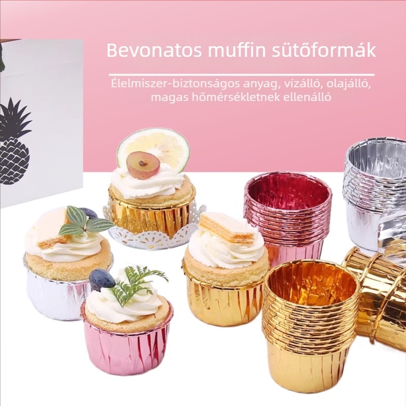 Arany- és ezüst muffinpapírok görbült peremmel, hőálló bevonattal ellátott papírcsészék sütéshez, 50 darab csomagolás