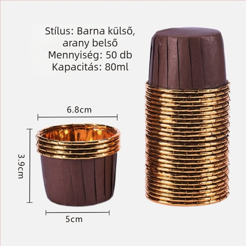 Arany- és ezüst muffinpapírok görbült peremmel, hőálló bevonattal ellátott papírcsészék sütéshez, 50 darab csomagolás