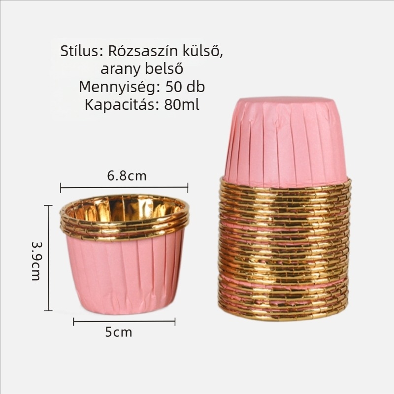 Arany- és ezüst muffinpapírok görbült peremmel, hőálló bevonattal ellátott papírcsészék sütéshez, 50 darab csomagolás