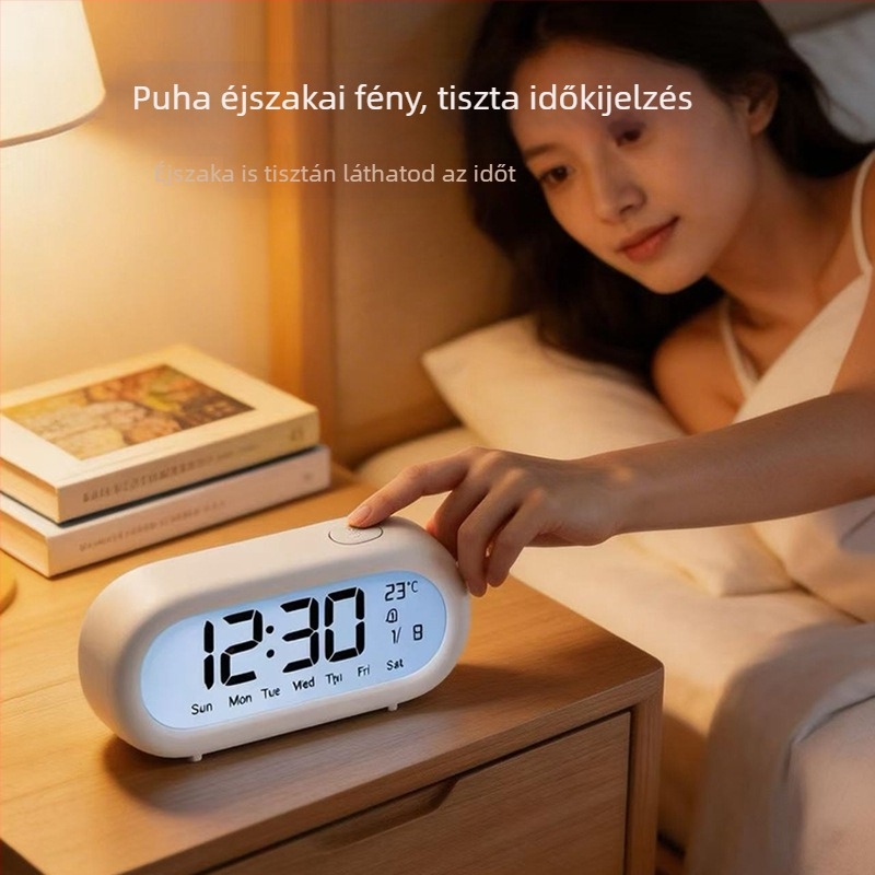 Bonbon színű ívelt oválszerkezetű elektronikus ébresztőóra – ultra-átlátszó, nagy kijelzővel, többfunkciós asztali óra naptárral és hőmérővel
