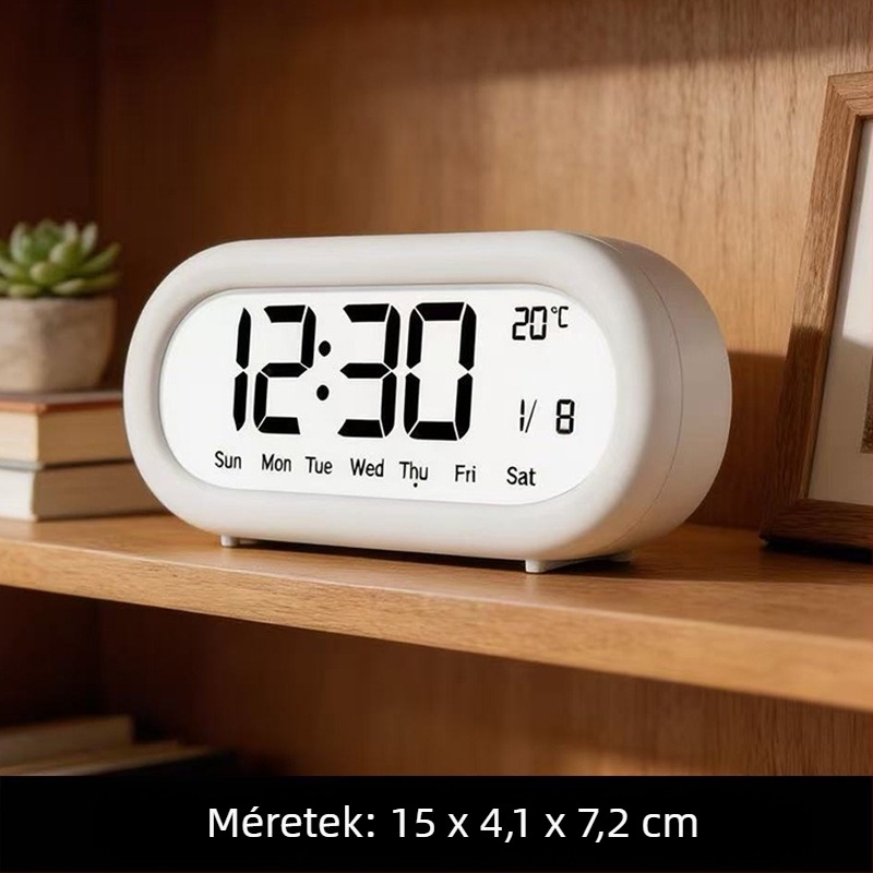 Bonbon színű ívelt oválszerkezetű elektronikus ébresztőóra – ultra-átlátszó, nagy kijelzővel, többfunkciós asztali óra naptárral és hőmérővel
