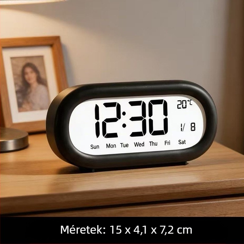 Bonbon színű ívelt oválszerkezetű elektronikus ébresztőóra – ultra-átlátszó, nagy kijelzővel, többfunkciós asztali óra naptárral és hőmérővel