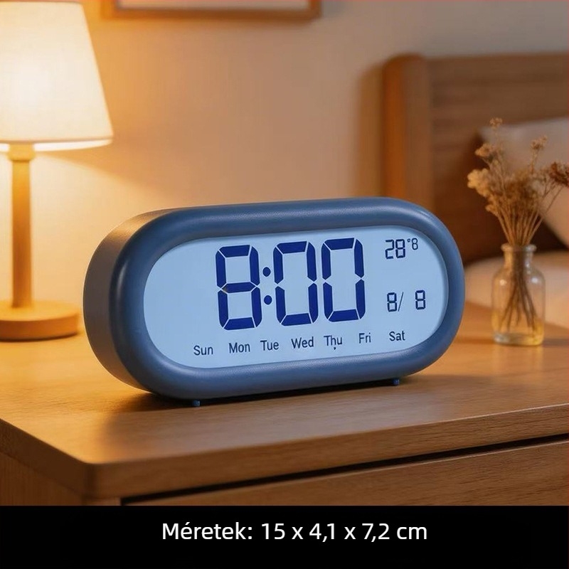 Bonbon színű ívelt oválszerkezetű elektronikus ébresztőóra – ultra-átlátszó, nagy kijelzővel, többfunkciós asztali óra naptárral és hőmérővel