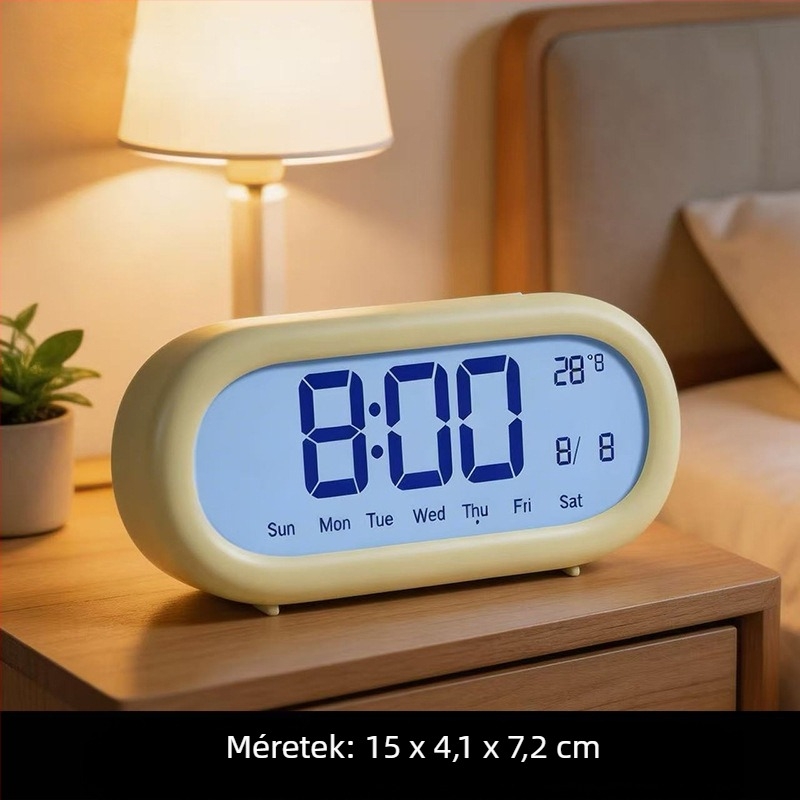 Bonbon színű ívelt oválszerkezetű elektronikus ébresztőóra – ultra-átlátszó, nagy kijelzővel, többfunkciós asztali óra naptárral és hőmérővel