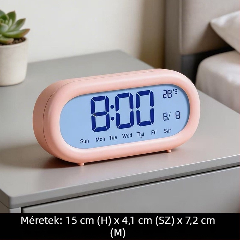Bonbon színű ívelt oválszerkezetű elektronikus ébresztőóra – ultra-átlátszó, nagy kijelzővel, többfunkciós asztali óra naptárral és hőmérővel
