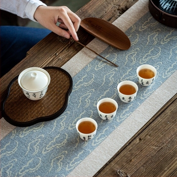 Japán stílusú vízálló rost tea mat, len futóasztalterítő és tea kellékek Zen motívummal