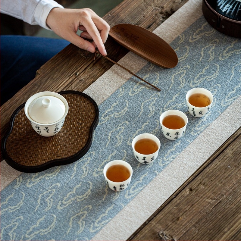 Japán stílusú vízálló rost tea mat, len futóasztalterítő és tea kellékek Zen motívummal