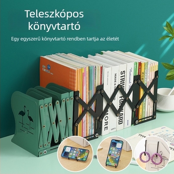 Fém behúzható könyvtartó íróasztalhoz, megerősített könyvklipsz és kivágott mintázatú könyvespolc
