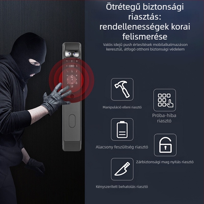 3D arcfelismerésű okoszár, távoli vezérléssel, hozzáférés ujjlenyomattal vagy jelszóval, lopás elleni védelem